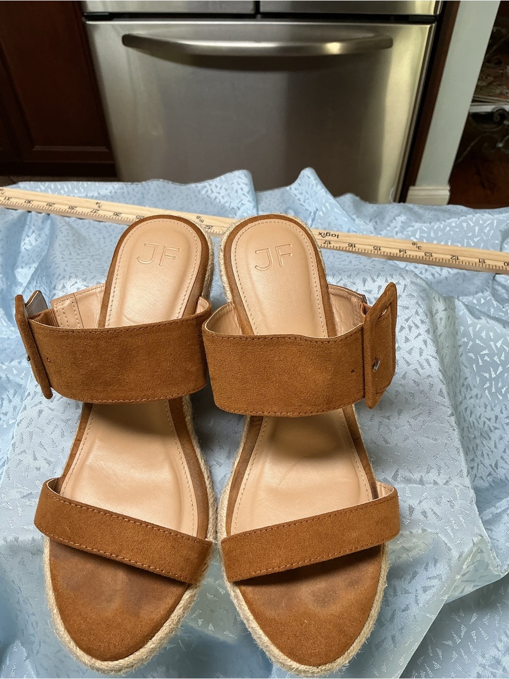 Women's Tan Suede Espadrille Wedge Sandals with Wide Ankle Strap